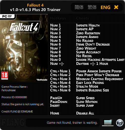 Fallout 4 — трейнер для версии 1.6.3 (+20) FLiNG