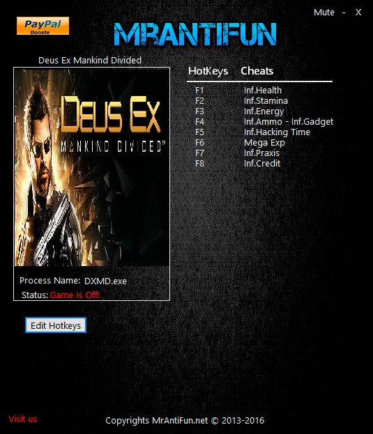 Deus Ex: Mankind Divided — трейнер для версии 1.2 (b 524.15) (+9) MrAntiFun