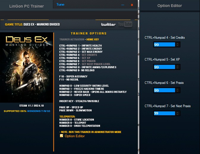 Deus Ex: Mankind Divided — трейнер для версии 1.1 (b 524.10) (+20) LinGon