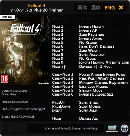 Fallout 4 — трейнер для версии 1.7.9 (+20) FLiNG