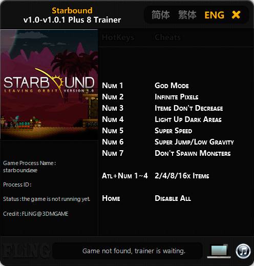 Starbound — трейнер для версии 1.0.1 (+8) FLiNG [64-bit]