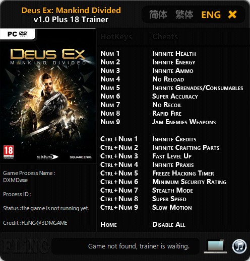 Deus Ex: Mankind Divided — трейнер для версии 1.0 (+18) FLiNG