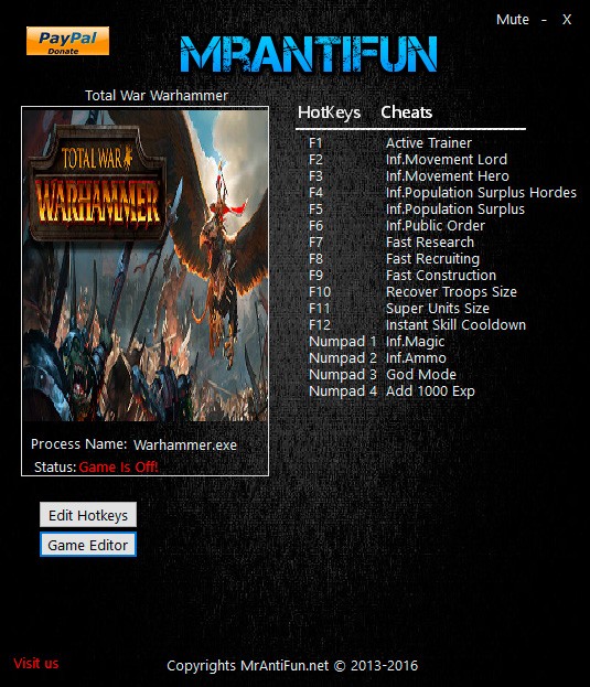 Total War: Warhammer — трейнер для версии 1.3.0 (+17) MrAntiFun