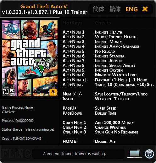 Grand Theft Auto 5 — трейнер для версии 1.0.877.1 (+19) FLiNG