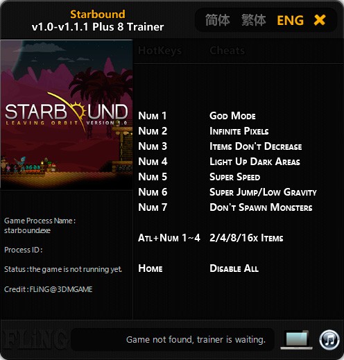 Starbound — трейнер для версии 1.1.1 (+8) FLiNG [64-bit]