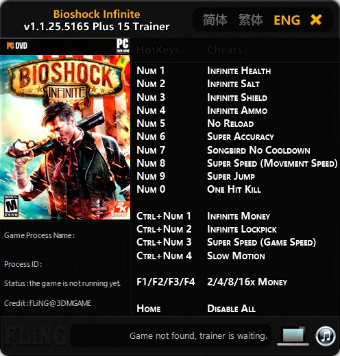 BioShock Infinite — трейнер для версии 1.1.25.5165 (+15) FLiNG