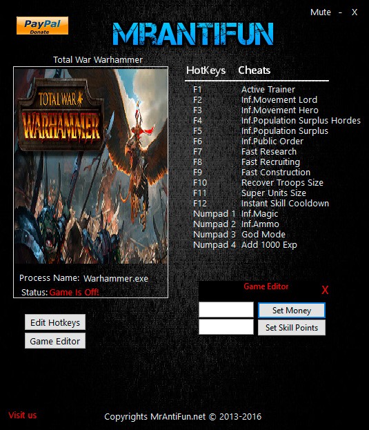 Total War: Warhammer — трейнер для версии 1.4.0 (b 11973) (+17) MrAntiFun