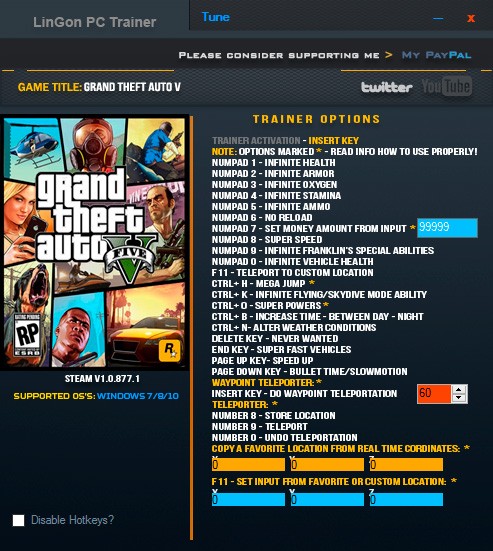 Grand Theft Auto 5 — трейнер для версии 1.0.877.1 (+24) LinGon