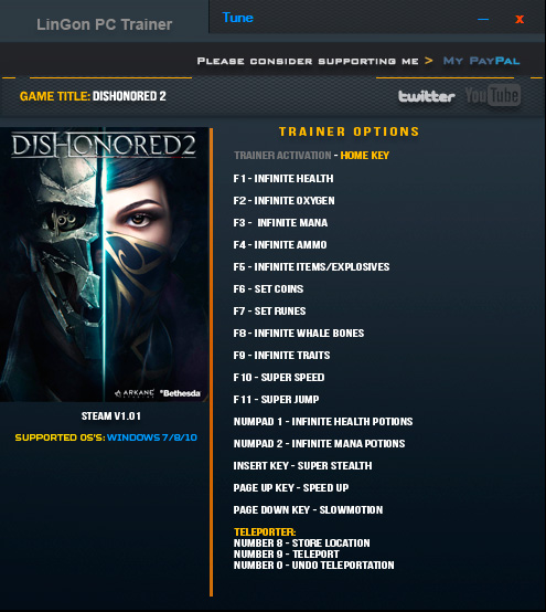 Dishonored 2 — трейнер для версии 1.74 (+18) LinGon