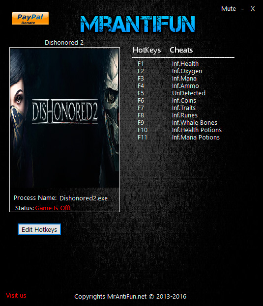 Dishonored 2 — трейнер для версии 1.75 (+11) MrAntiFun