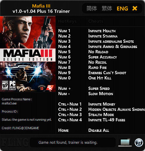 Mafia 3 — трейнер для версии 1.04 (+16) FLiNG