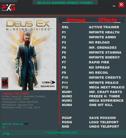 Deus Ex: Mankind Divided — трейнер для версии 1.11 (b 616.0) (+19) FutureX
