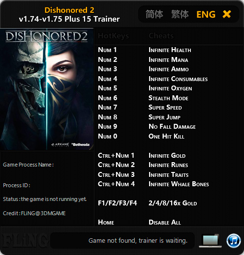 Dishonored 2 — трейнер для версии 1.75 (+15) FLiNG