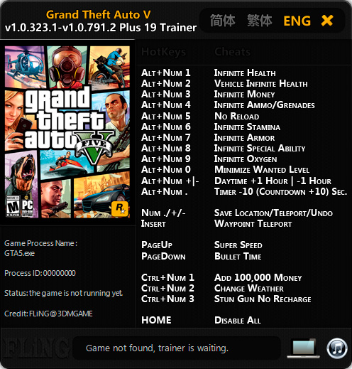 Grand Theft Auto 5 — трейнер для версии 1.0.791.2 (+19) FliNG