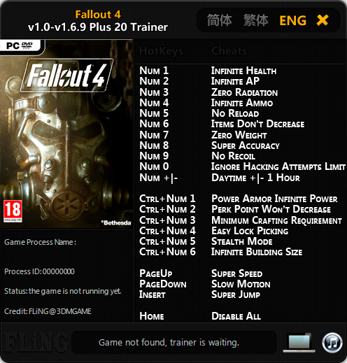 Fallout 4 — трейнер для версии 1.6.9 (+20) FLiNG