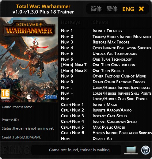 Total War: Warhammer — трейнер для версии 1.3.0 (+18) FLiNG