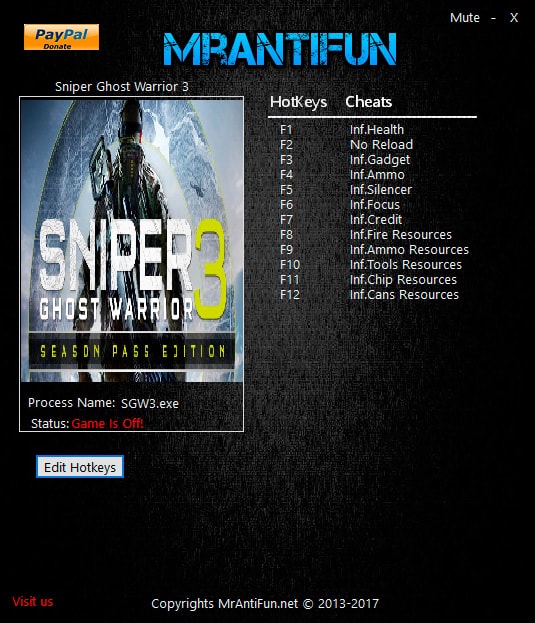 Sniper: Ghost Warrior 3 — трейнер для версии 1.03 (+12) MrAntiFun
