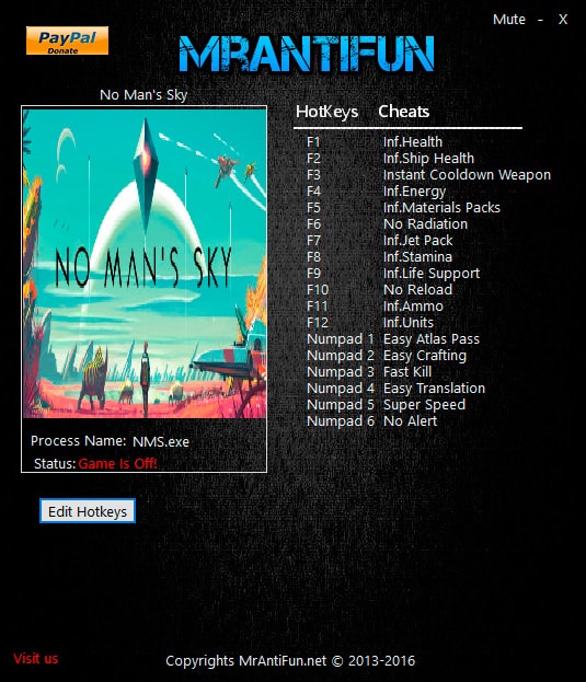 No Man's Sky — трейнер для версии 1.3 B (+18) MrAntiFun