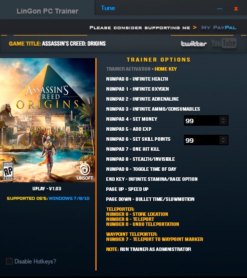 Assassin's Creed: Origins — трейнер для версии 1.03 (+17) LinGon