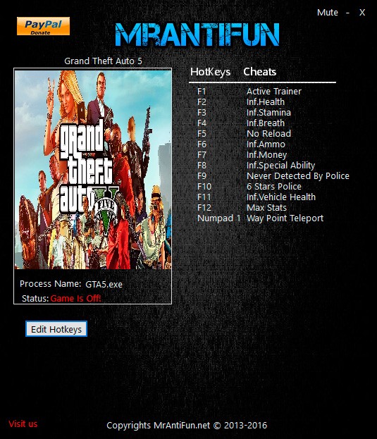Grand Theft Auto 5 — трейнер для версии 1.0.877.1 (+12) MrAntiFun