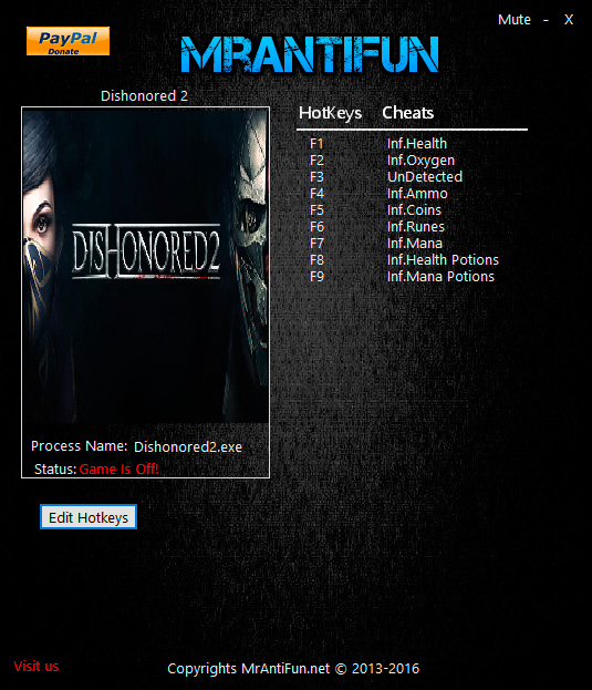 Dishonored 2 — трейнер для версии 1.0 (+9) MrAntiFun