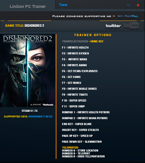 Dishonored 2 — трейнер для версии 1.74 (+19) LinGon