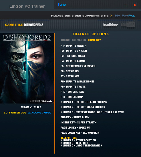 Dishonored 2 — трейнер для версии 1.75.0.7 (+20) LinGon