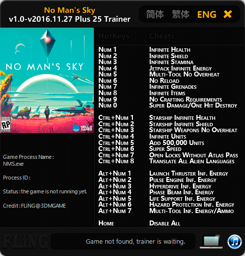 No Man's Sky — трейнер для версии 1.1 (+25) FLiNG