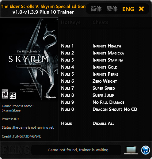 The Elder Scrolls 5: Skyrim Special Edition — трейнер для версии 1.3.9 (+10) FLiNG