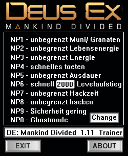 Deus Ex: Mankind Divided — трейнер для версии 1.11 (+10) dR.oLLe