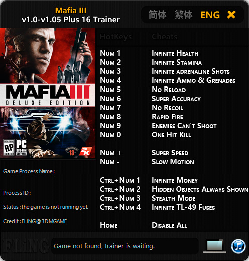 Mafia 3 — трейнер для версии 1.05 (+16) FLiNG