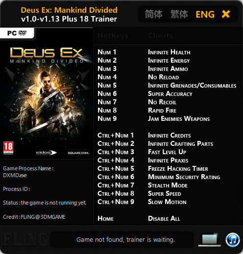 Deus Ex: Mankind Divided — трейнер для версии 1.13 (+18) FLiNG