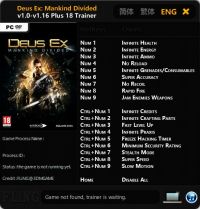 Deus Ex: Mankind Divided — трейнер для версии 1.16 (+18) FLiNG