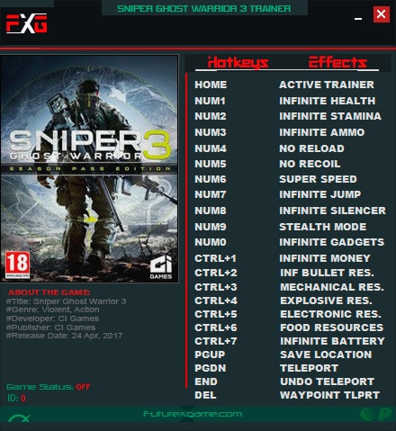 Sniper: Ghost Warrior 3 — трейнер для версии 1.3 (+19) FutureX